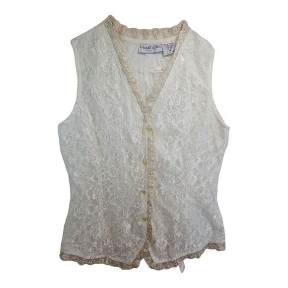 Vintage Ivory Lace Vest Size M David Hollis Collection Lined Tie Back - Picture 3 of 10